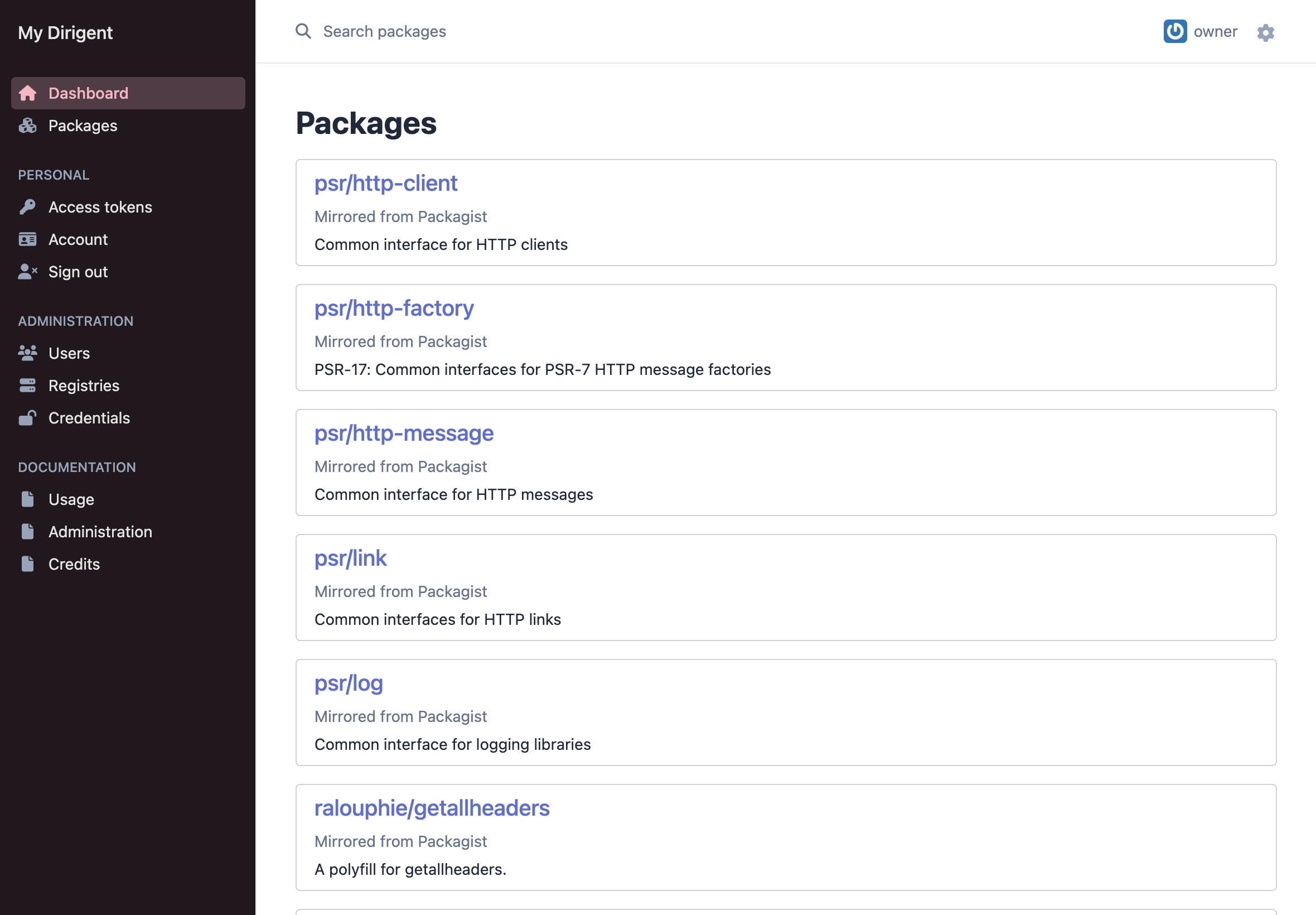 Dirigent packages page screenshot